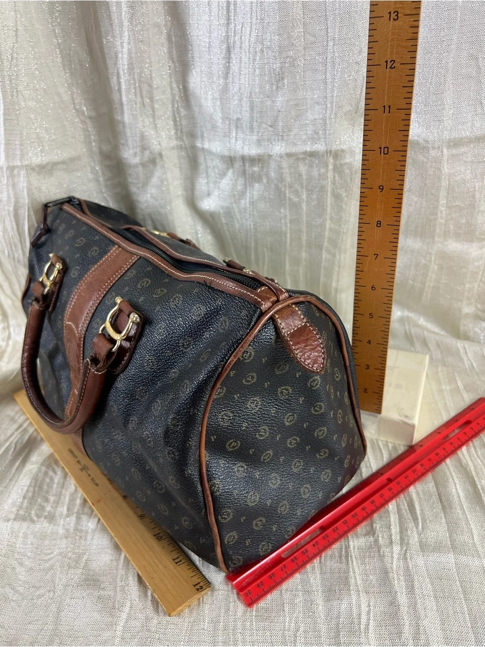 Vintage Pollini Italy Monogram Bowler Satchel Bag Brown Leather Trim Purse
